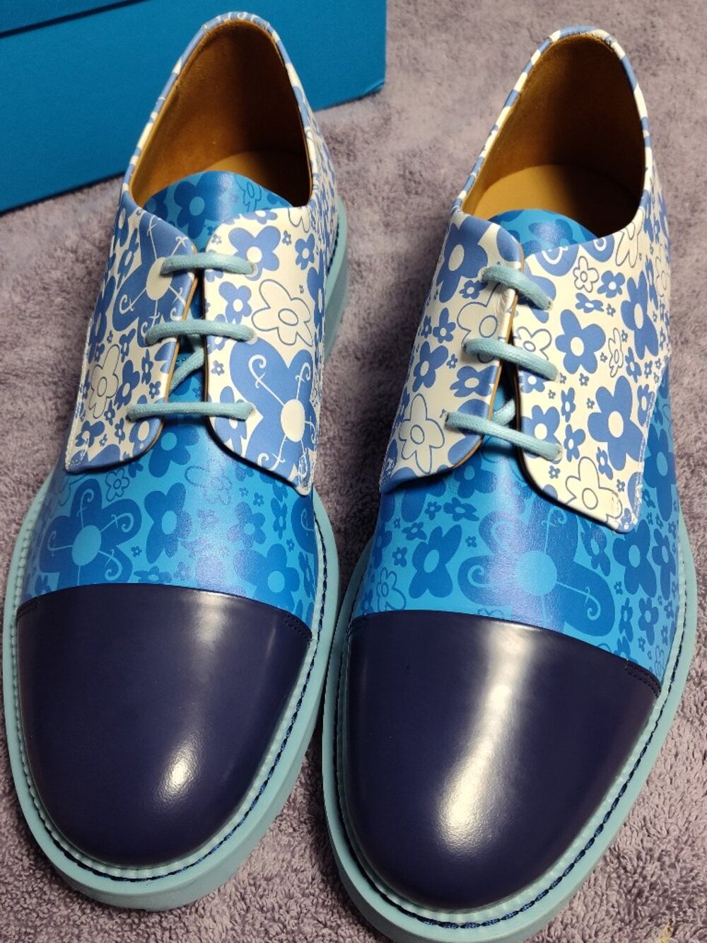 John Fluevog Day Limited Edition Oakland Blue Floral Derby Shoes NIB